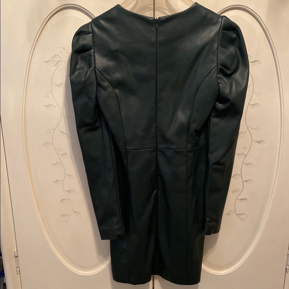 Aqua dark green vegan leather Sheath Dress with Puff Sleeves and V-Neck - Picture 4 of 4